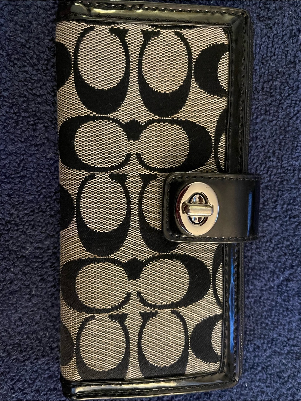 Coach Black and Tan Signature Canvas Turnlock Wallet